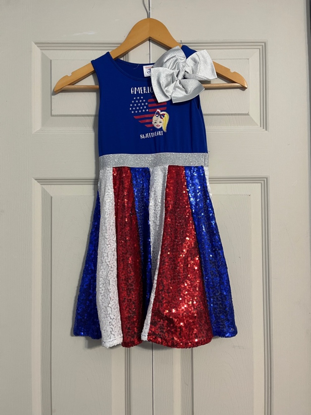 JoJo Siwa Blue Red White Sequin Patriotic Dress with Silver Bow